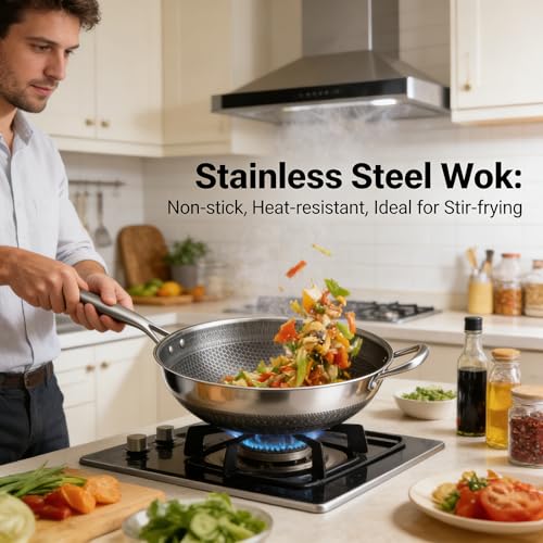 Wok de Acero Inoxidable 12.6 Pulgadas con Revestimiento Antiadherente miniatura 4