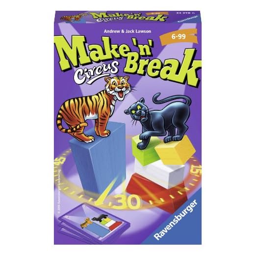 Ravensburger 23378 - Make 'n' Break Circus, Mitbringspiel für 2-4 Spieler, Kinderspiel ab 6 Jahren, kompaktes Format, Reisespiel, Aktionsspiel