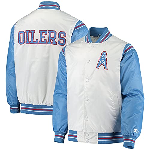 Starter Men s White Light Blue Houston Oilers Historic Logo Renegade Satin Varsity Full-Snap Jacket
