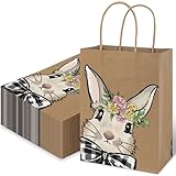 JarThenaAMCS 24Pcs Easter Bunny Kraft Paper Bags with Handles Bowtie Rabbit Treat Bags Rustic Candy Goodie Bags for Spring Birthday Party Favors Supplies