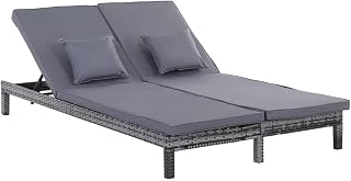 Outsunny Garden Double Rattan Sun Lounger Companion Reclining Recliner Wicker Weave Patio Outdoor Furniture Cushioned - Grey