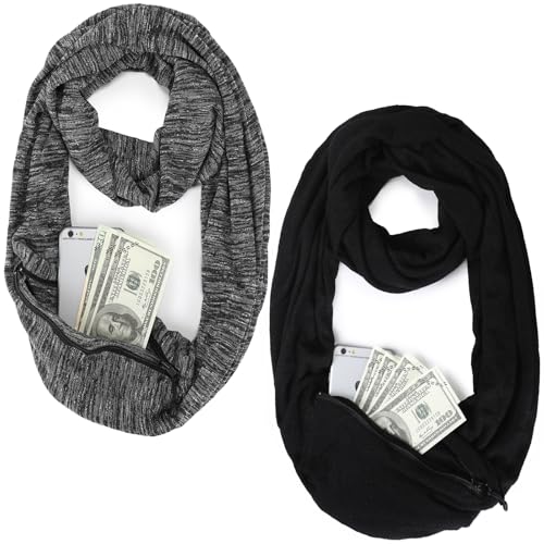 Coume 2 Pcs Infinity Travel Scarf Pocket Scarf with Hidden Zipper Pocket for Women Lightweight Infinity Loop Scarf Neck Wrap for Travel Airplane - Main Image