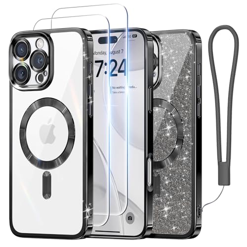 Meifigno Designed for iPhone 16 Pro Max Case 6.9", [Glitter Card & Wrist Strap] [Compatible with MagSafe] [2X Screen Protectors] Surround Lens Protection Designed for 16 ProMax Case, Black Titanium by Meifigno - Used condition - US$11.70