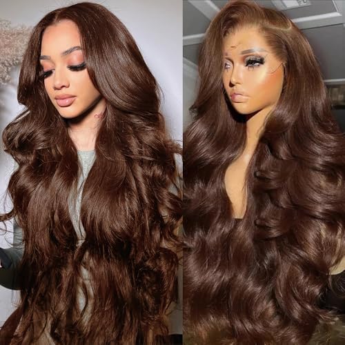Aolvoblees 28 Inch Chocolate Brown Body Wave Human Hair Wig 180% Density 13x4 HD Lace Front Brown Frontal Glueless Colored Wigs Human Pre Plucked with Baby Hair for Black Women