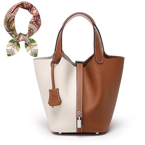 SUNYBRIG Damen Echtleder Eimer Tasche, modische Lederhandtasche mit Schlösser-Design, Umhängetasche und Grifftasche (Weiß&Braun)