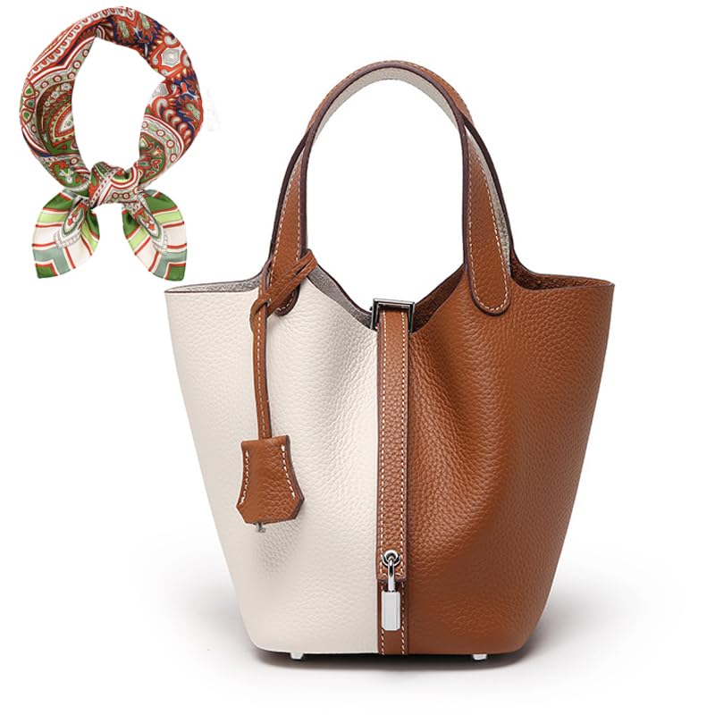 Women's Genuine Leather Bucket Bag Leather Handbag Lock Design Top-handle Purses Shoulder Handbag, Small