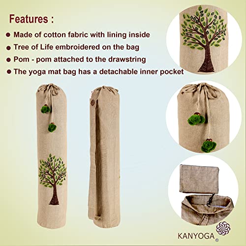 Image of Tree Of Life Cotton Embroided Yoga Mat Bags with Strong Shoulder Straps (Beige & Dark Green, L 74 x W 25 cm)
