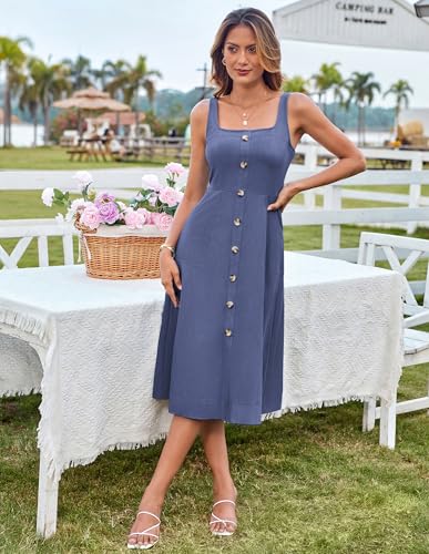 Image of GRACE KARIN Women's Summer Dress 2025 Casual Square Neck Flattering A-Line Button Down Midi Tank Sundress with Pockets