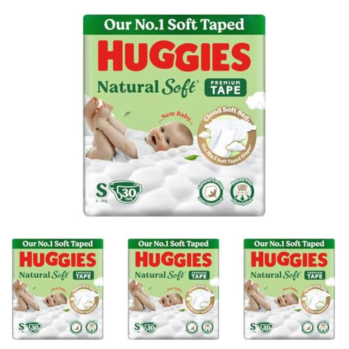 Image of Huggies Natural Soft Premium Tape Diapers Small (S) Size, 4-8 kgs, 30 Count | Our No.1 Soft Taped Diaper with Cloud Soft Bed and Runny Poo Absorption (Pack of 4)