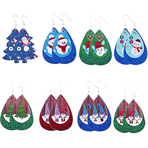 OUTEYE 8 Pares de Pendientes navideños de Cuero PU para Mujeres y niñas, Pendientes navideños navideños para Decoraciones navideñas de Año Nuevo Cover