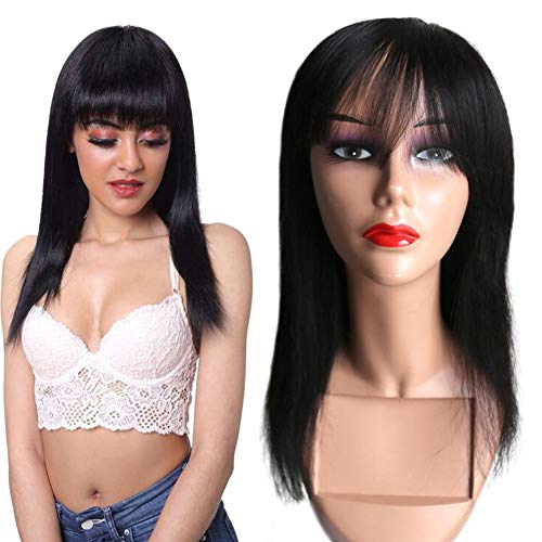 CLAROLAIR 14'' Silky Brazilian Virgin Straight Human Hair Wigs with Bangs None Lace Wigs Glueless Machine Made Wigs for Black Women Natural Color 14 Inch