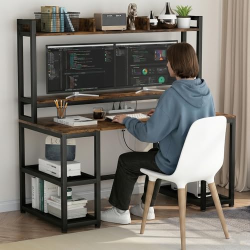 Image of Office Desk with Storage Shelves 140cm, Computer Desk with Bookshelf & Side Racks, Metal Frame Study Table for Home Office|Rustic Brown Color (140 x 60 x 150 CM) |DIY