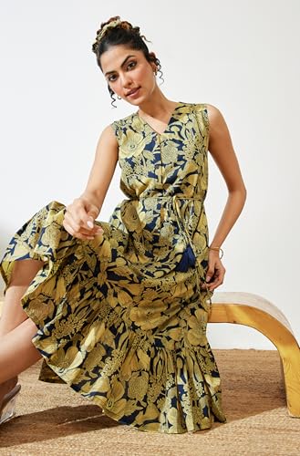Image of Janasya Women's Cotton Ethnic Motifs Flared Western Dress