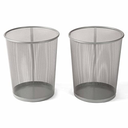 Seville Classics Small Cylinder Trash Can For Home Or Office, 6 Gallon Mesh Round Bins, Lightweight, Steel Wastebasket Set For Garbage Or Recycle, 2-Pack, Silver #TOP1