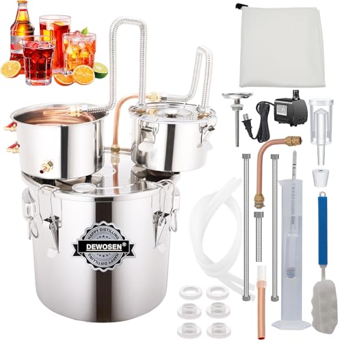 DEWOSEN Alcohol Still 5 Gallon 3 Pots Shine Still Distillery Kit for Alcohol Stainless Copper Tube Complete with Thumper Keg Water Pump Metal Thermometer Airlock Brew Bag Proof Alcoholmeter Test Kit