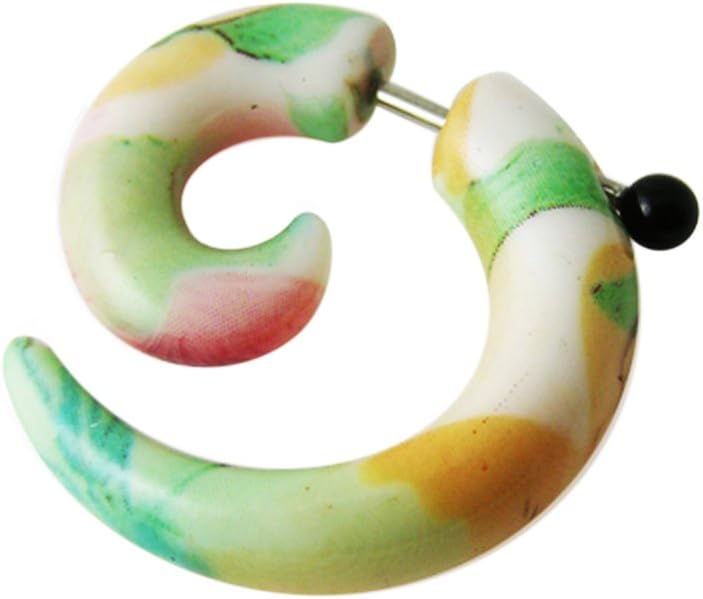 Pink and Green Flowers Pattern Spiral UV Acrylic with 16 Gauge 316L Surgical Steel Fake Ear plug - Fauxs Plug - Gauge Earring Body Piercing Jewelry