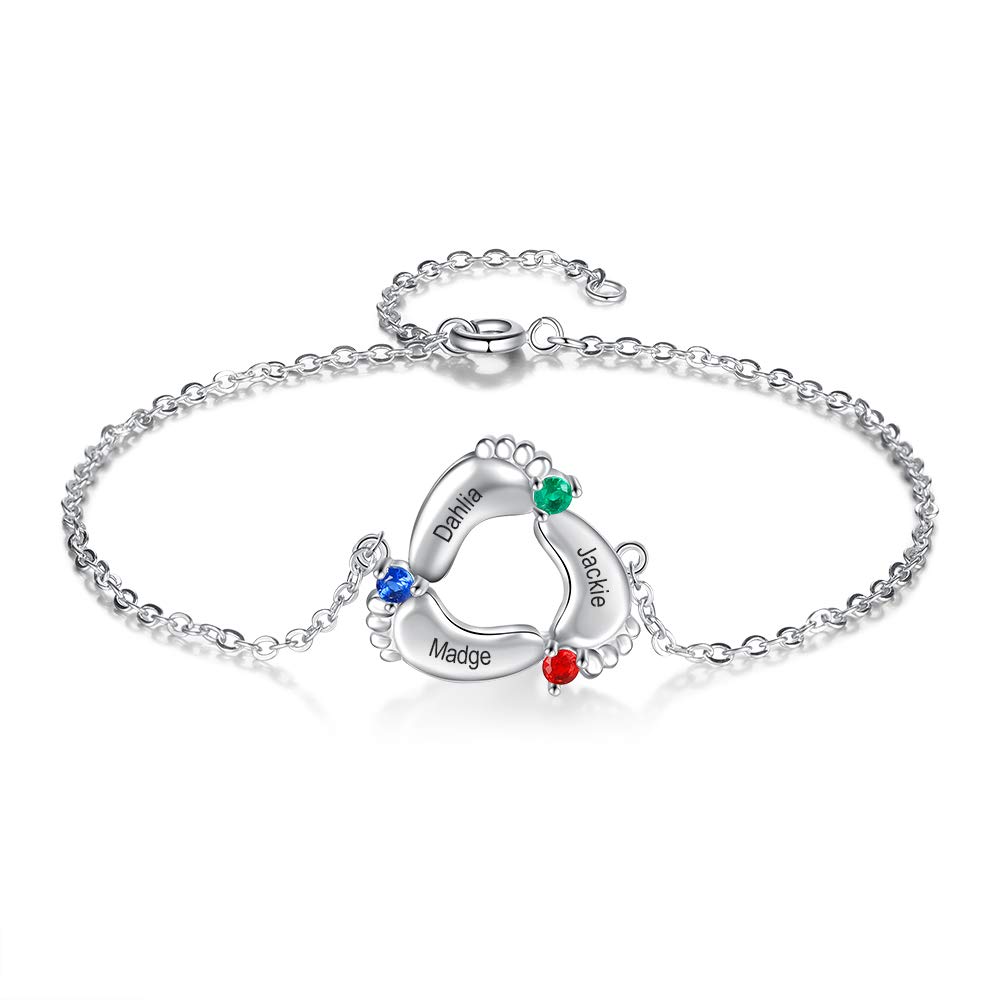 lorajewel Pulsera de nombre personalizado, hay 3 pies infantiles, niño hija Mom Pulsera, ajustable plata Pulsera
