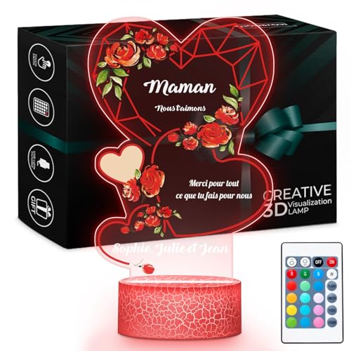 Lampe photo personnalisée Maman Maverton en plexiglas de 22x15 cm avec socle lumineux en bois