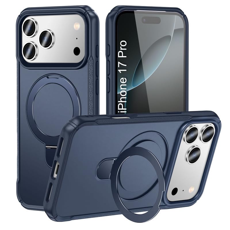 Shockproof Rugged Back Cover for iPhone 17 Pro | 90° Rotating Ring Kickstand | Mag-Safe Compatible | Wireless Charging Support | Armor Protection Case – Blue