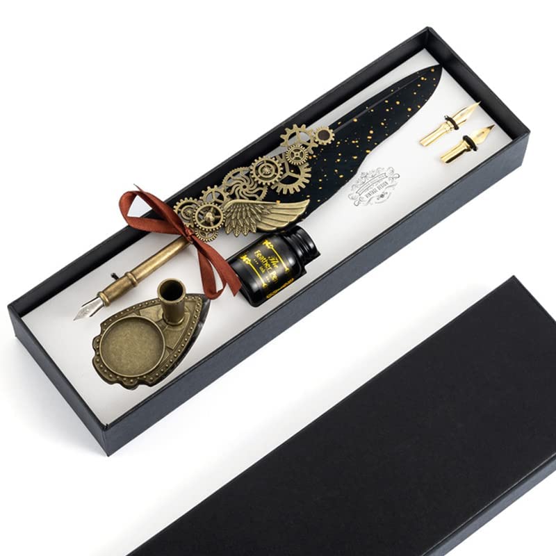 Image of Luxury Feather Quill Dip Pen Set with Stand & Black Ink - Vintage Calligraphy Writing Kit with 2 Extra Nibs - Elegant Signature Pen Gift for Kids, Writers & Artists (Ink Feather Pen Black)