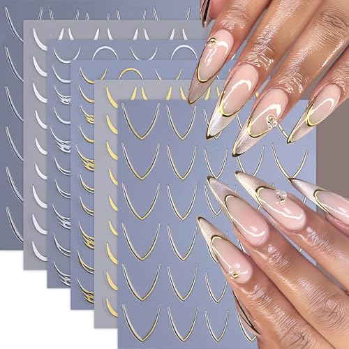 6 Sheets French Stripe Line Nail Stickers Metallic Stripe Lines