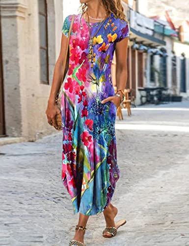 Image of Women Summer Casual Maxi Dress Floral Printed Loose Pockets Short Sleeve Split Boho Dresses
