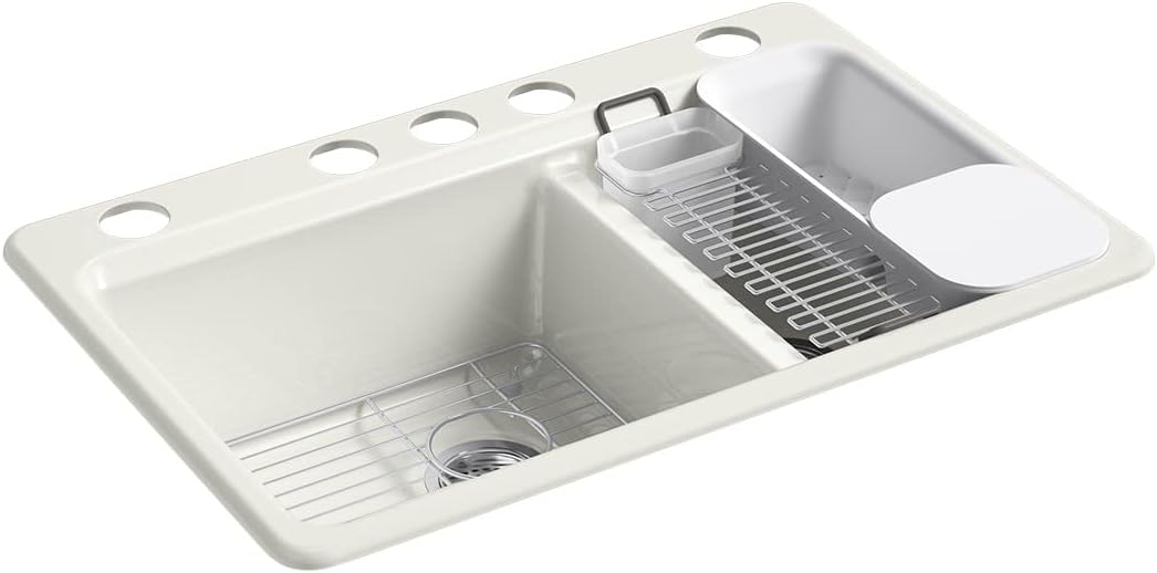 KOHLER Riverby® 33" Offset Undermount Kitchen Sink, 9" Deep Large/Medium Double-Bowl, Kitchen Sinks with Accessories and 5 Faucet Holes, K-8669-5UA3-0, White