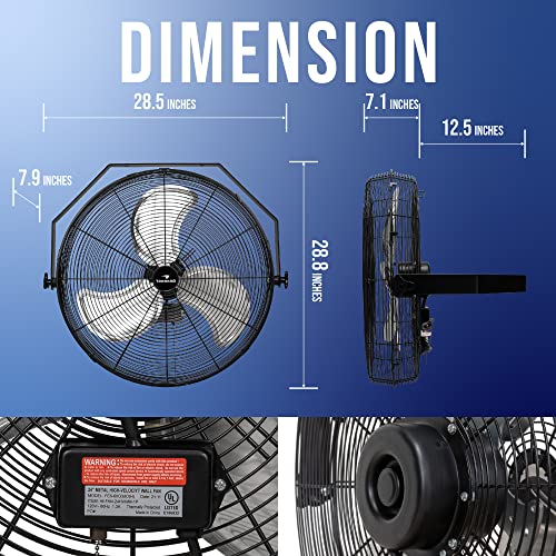 Tornado - 24 Inch High Velocity Industrial Wall Fan 3 Speed - 6.5 Ft Cord - Industrial, Commercial, Residential Use - Ul Safety Listed #TOP1