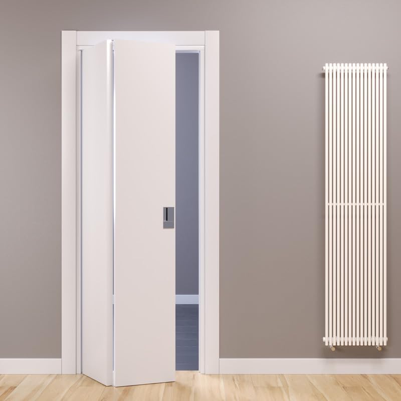 Porte Italiane, Fluid Motion - Porte pliante à livre 90° en stratifié, cadre en bois et couvre-bâtis imperméable, avec serrure magnétique, 60 x 210 cm, avec ouverture à droite, blanc