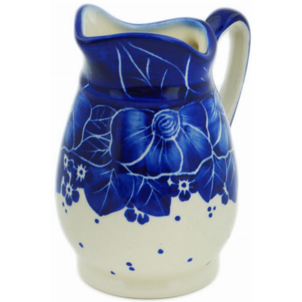 Authentic Polish Pottery Creamer in Deep Sea Poppy Design Handmade in Boles?awiec Poland + Certificate of Authenticity