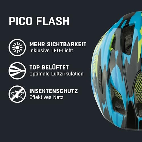 Foto von ALPINA PICO Flash - Beleuchteter, Leichter & Bruchfester Fahrradhelm Mit Fliegennetz Für Kinder, neon-Blue Green Gloss, 50-55 cm