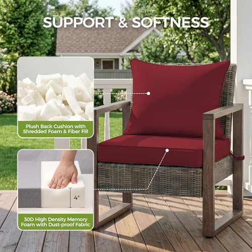 Image of UNIKOME 24 inchx24 inchx4 inch Outdoor Chair Cushions Set - Waterproof Patio Cushions for Outdoor Furniture with Removable Cover, Ties & Handle, Deep Seat Patio Cushions for Sofa Couch - Burgundy