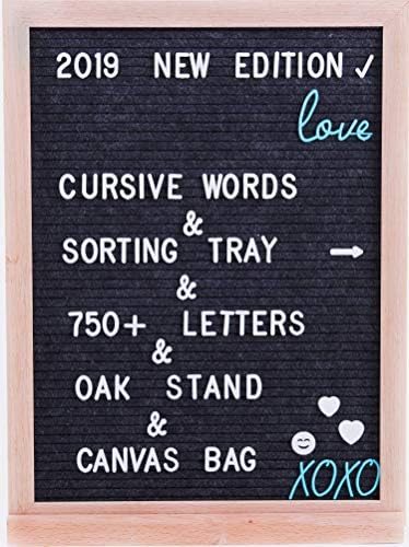 Grey Felt Letter Board – 12x16 ; 750+ Changeable Letters, Numbers and Emojis & Cursive Words ; Stylish Wood stand : FREE: Letters Organizer Box and Canvas Bag (Dark Gray)
