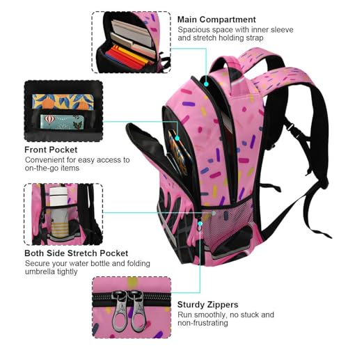 Image of Pink Black Ice Cream Cute Backpacks with Chest Strap,Lightweight Bookbags 17 Inch, Casual Daypack Bags