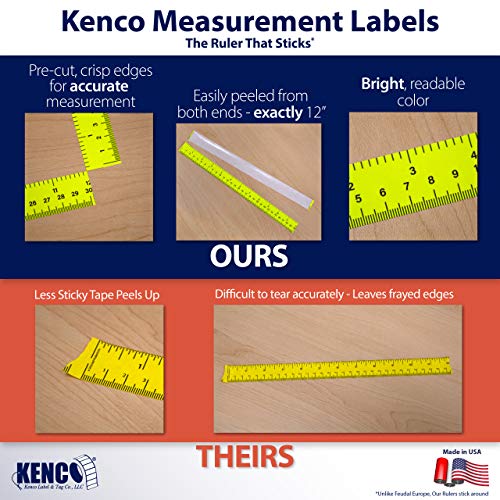 Image of Kenco Pre-Cut Ruler Labels, Repeating 1 Inch X 12 Inch US & Metric Measurements, Bright Yellow - Made in The USA (1 Pack 50 RULERS)
