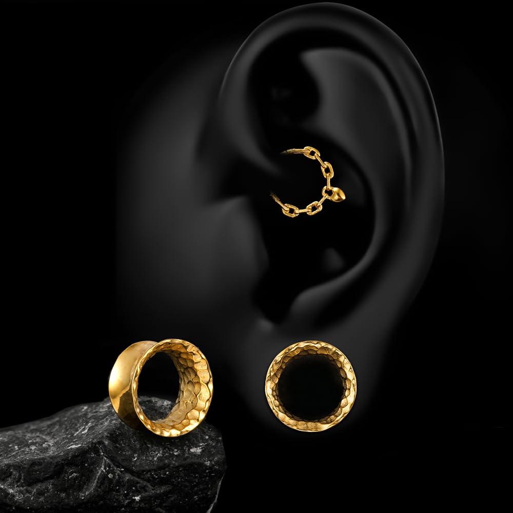 Casvort 2 dilatadores de oreja clásicos martillados hipoalergénicos de 2G-1 pulgada, acero inoxidable quirúrgico 316, cómodos túneles de oreja con doble acampanado, joyería para piercing corporal
