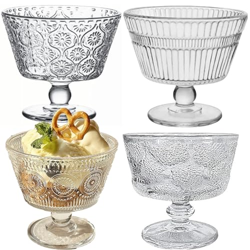 QSLKI 4 peças tigelas de sobremesa com pé, copo gelado sobremesa vidro copos, retro transparente Ice Cream Bowls, 260 ml, sem chumbo, tigelas de sobremesa de vidro para uso doméstico, restaurante (Estilo 2)