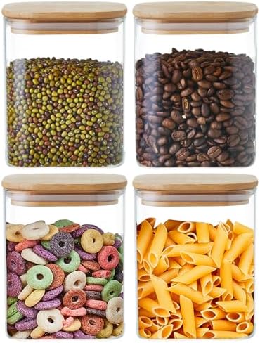 MESNEY 4 Pack 800ml Glass Food Storage Jars with Bamboo Lids, Air...