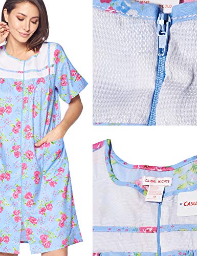 Casual Nights Women's Zipper Front House Dress Short Sleeve Woven Housecoat Duster Lounger Robe With Pockets - Floral Blue - Large #TOP6