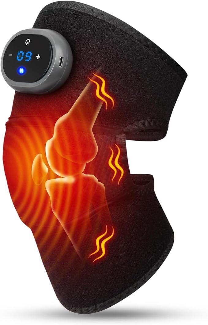 Knee Massager with Heat and Vibration Massage, Knee Brace Pain Relief for Joints Elbow Shoulder Ligament and Muscles Injuries, Two Adjustable Straps, Suit for Family Home (Black)