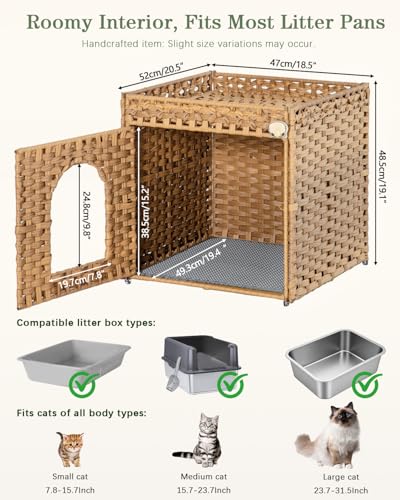SETVSON Cat Litter Box Enclosure Furniture, Hidden PE Rattan, Natural | PE Rattan Kitty House with Top Fence, Fits Standard Litter Box, Included Litter Mat, 2 S-Hooks, Sturdy Metal Frame
