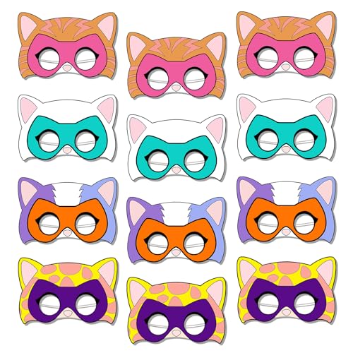 12Pcs Super Cat Masks Party for Kids, Cute Cats Paper Masks for Cartoon Animal Theme Birthday Party Decoration Favors Gifts, for Boys and Girls Cosplay Dress Up