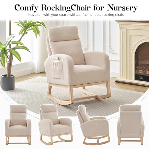 Image of GarveeHome Rocking Chair Nursery,Glider Chair Nursery Chair with High Back and Side Pocket, Rocking Accent Armchair with Rubber Wood Legs for Living Room /Bedroom /Nursery