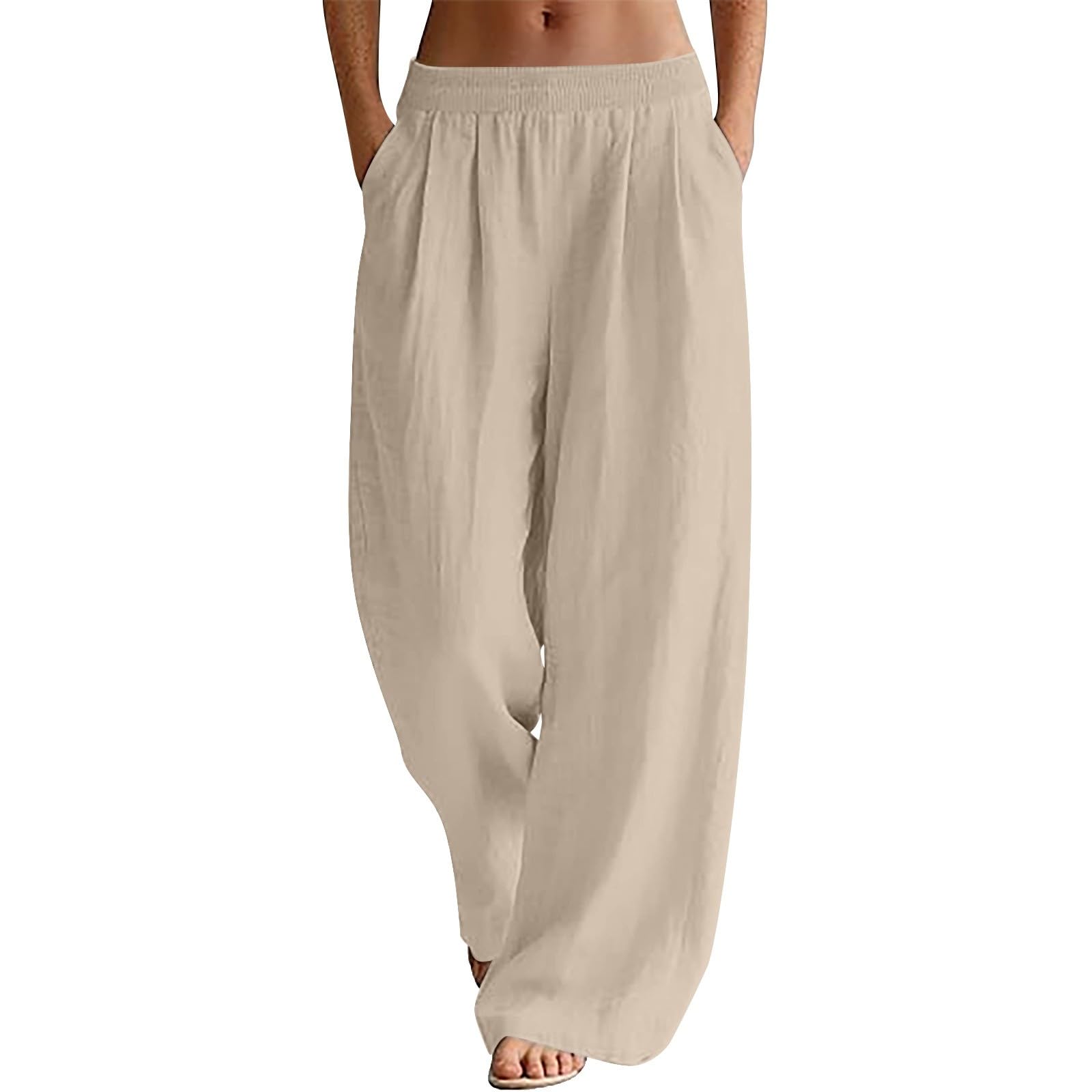 Pantaloni estivi da donna, lunghi, a vita alta, in lino, larghi e leggeri, in cotone, a gamba larga, con tasche, versatili