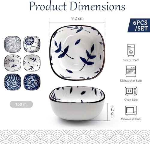 Image of KPNG Japanese Style Ceramic Bowls, Set of 6, 9.2 cm, Decorative Dip Bowls for Cereal, Soup, Pasta, Oatmeal, Salad and Rice, Microwave and Dishwasher Safe (Pack of-6)
