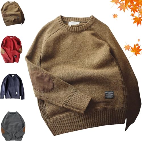 Mens Sweater with Elbow Patches, Men's Pullover Sweaters Fall Winter Long Sleeve Crew Neck Vintage Knitted Sweaters