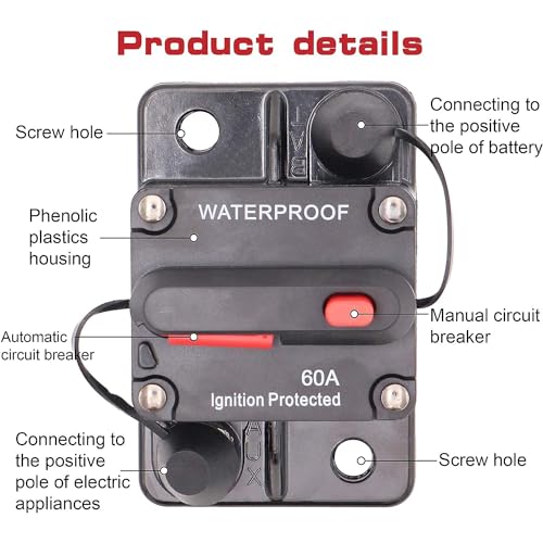 Greluma 1 pièce Disjoncteur 60A avec réinitialisation manuelle pour voiture,moteurs de pêche à la traîne,bateau,ATV,protection d'alimentation manuelle pour système audio,fusible,12V-48V DC,étanche – vue 4