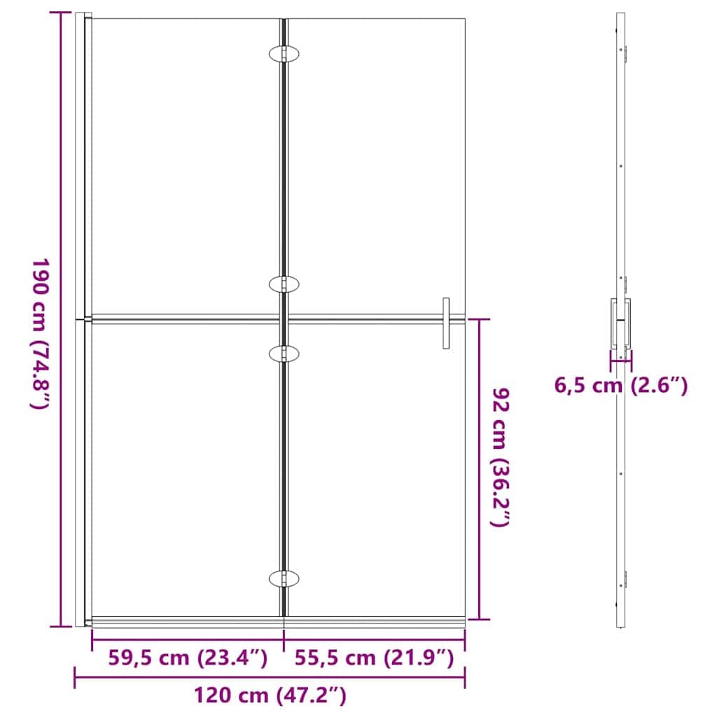 Ścianka prysznicowa Walk-In czarna z aluminium i szkła hartowanego, 120 x 6,5 x 190 cm, składana, z ochroną przed pryskaniem i ścianką działową, do łazienki, na mokro