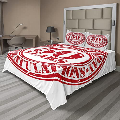 Ambesonne 50th Birthday Sheet Set, Grungy Display with Aged Rubber Stamp for 50 Years Old Congratulation, Fitted and Flat Sheet with Pillowcases Bedding Accent 4 Piece Set, King, Vermilion White