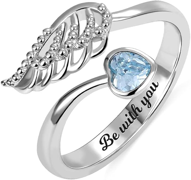 Angel Wing Ring Sterling Silver Ring for Women - Personalised Ring Engraved Inside Guardian Angel Wings Ring Band for Her - Feather Ring with Birthstone Wedding Band Statement Ring